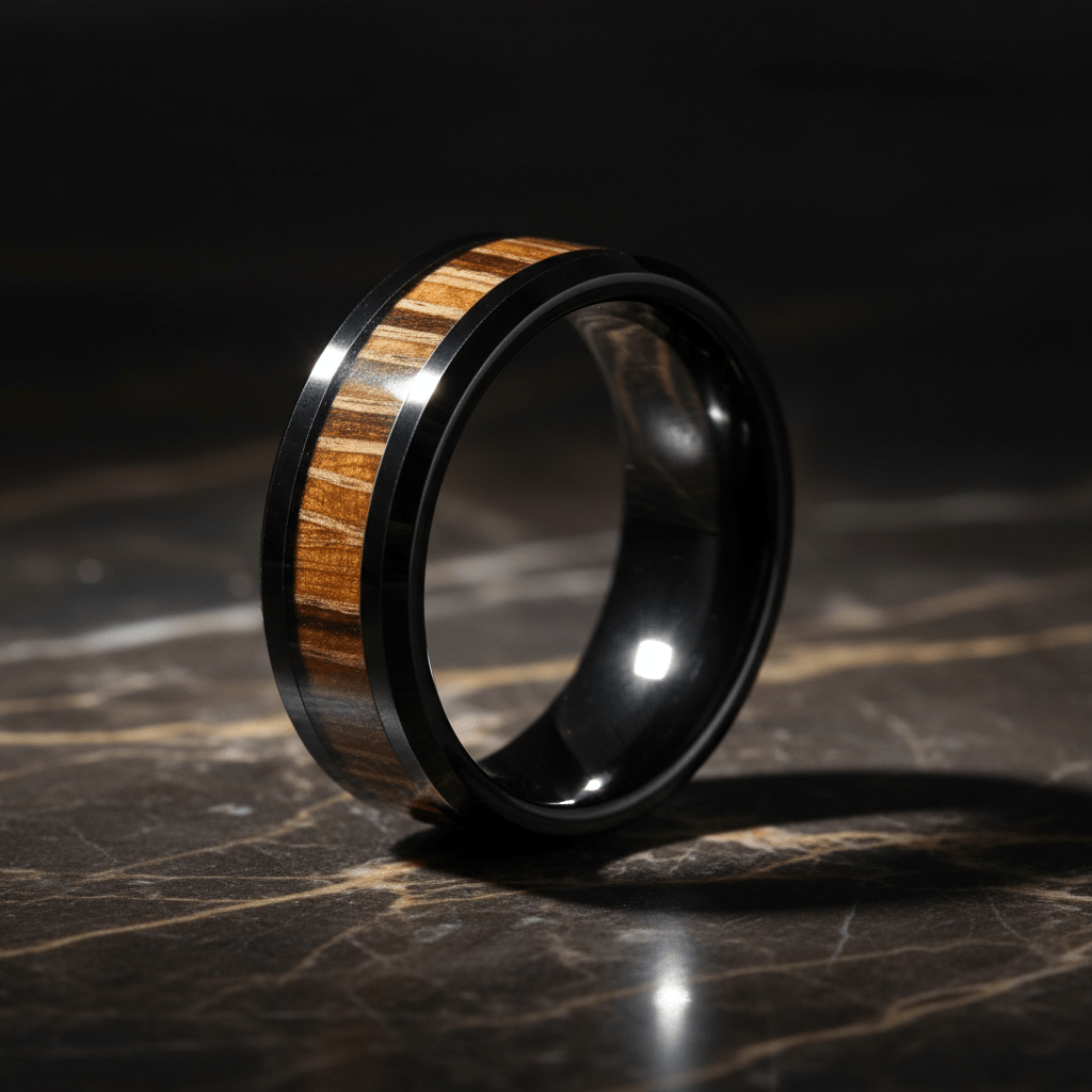 MESA — Luxury 3/4 angle on dark marble — men's tungsten wedding ring.