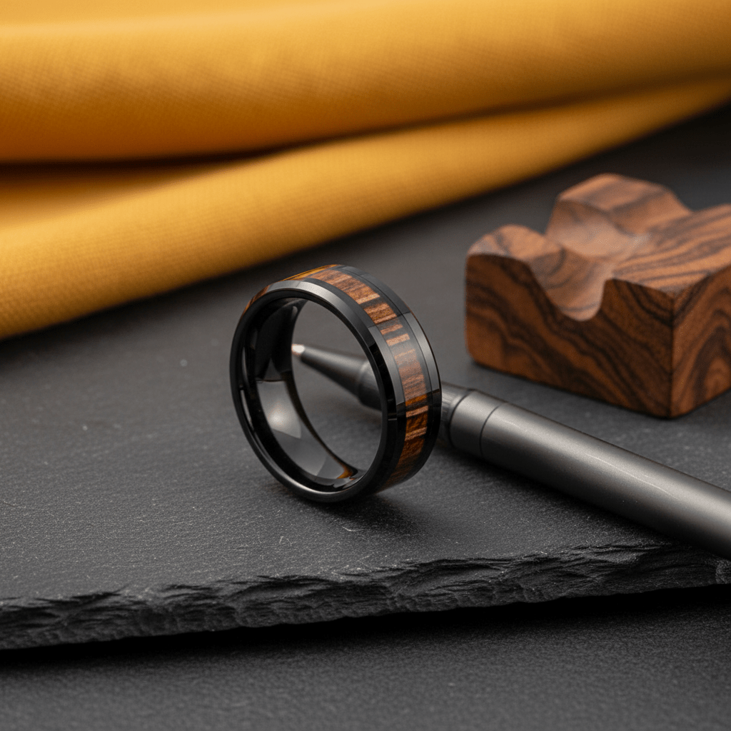 MESA — Editorial masculine still life — men's tungsten wedding ring.