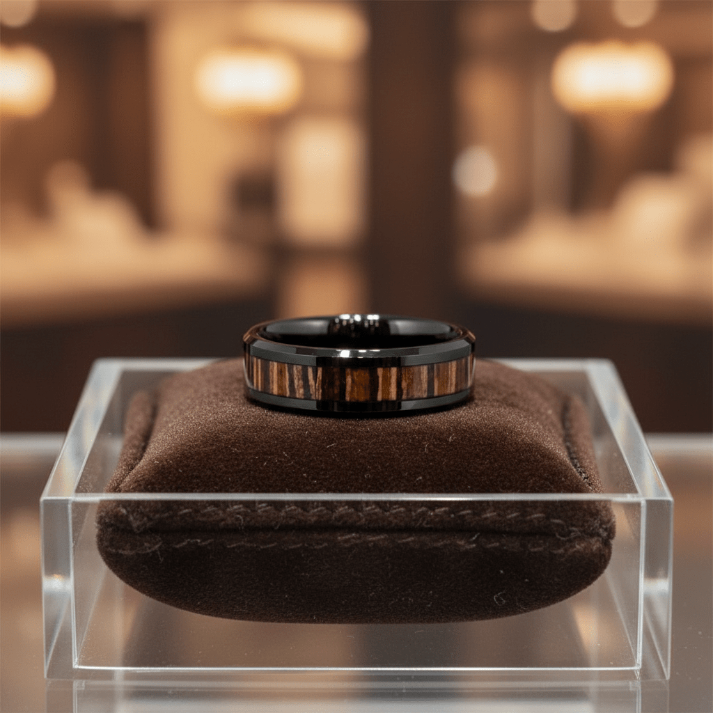 MESA — Premium boutique display on velvet — men's tungsten wedding ring.