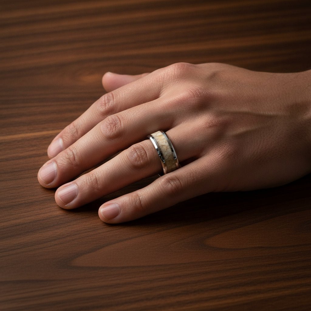 MESOZOIC silver tungsten ring with white dinosaur bone inlay running around the band and polished flat beveled edges worn on man's hand resting on walnut wood, lifestyle photo