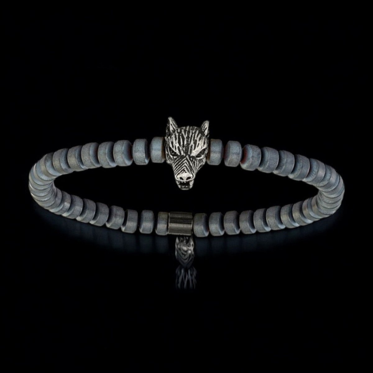 Men's Hematite Beaded Bracelet with Antiqued Wolf Head Charm