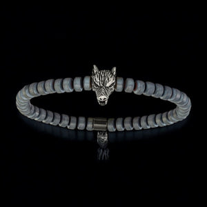 Men's Hematite Beaded Bracelet with Antiqued Wolf Head Charm