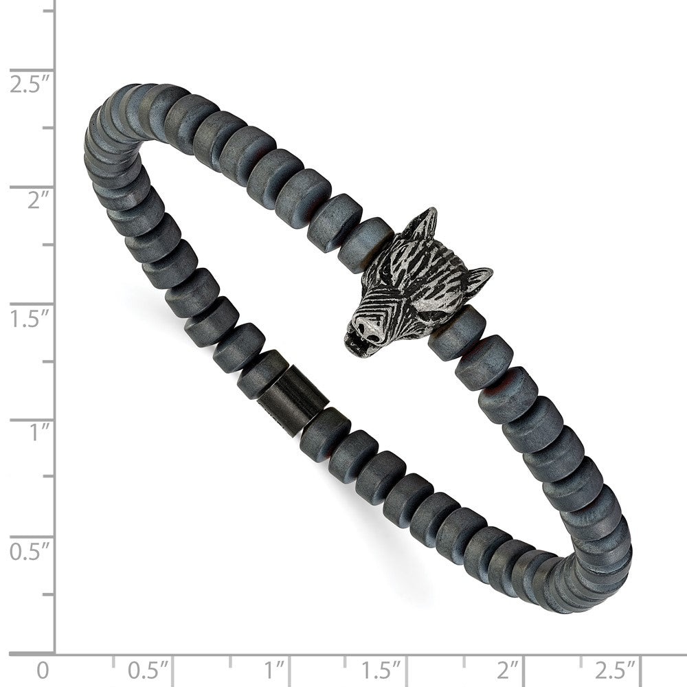 Men's Wolf Head Charm Bracelet with Hematite Beads