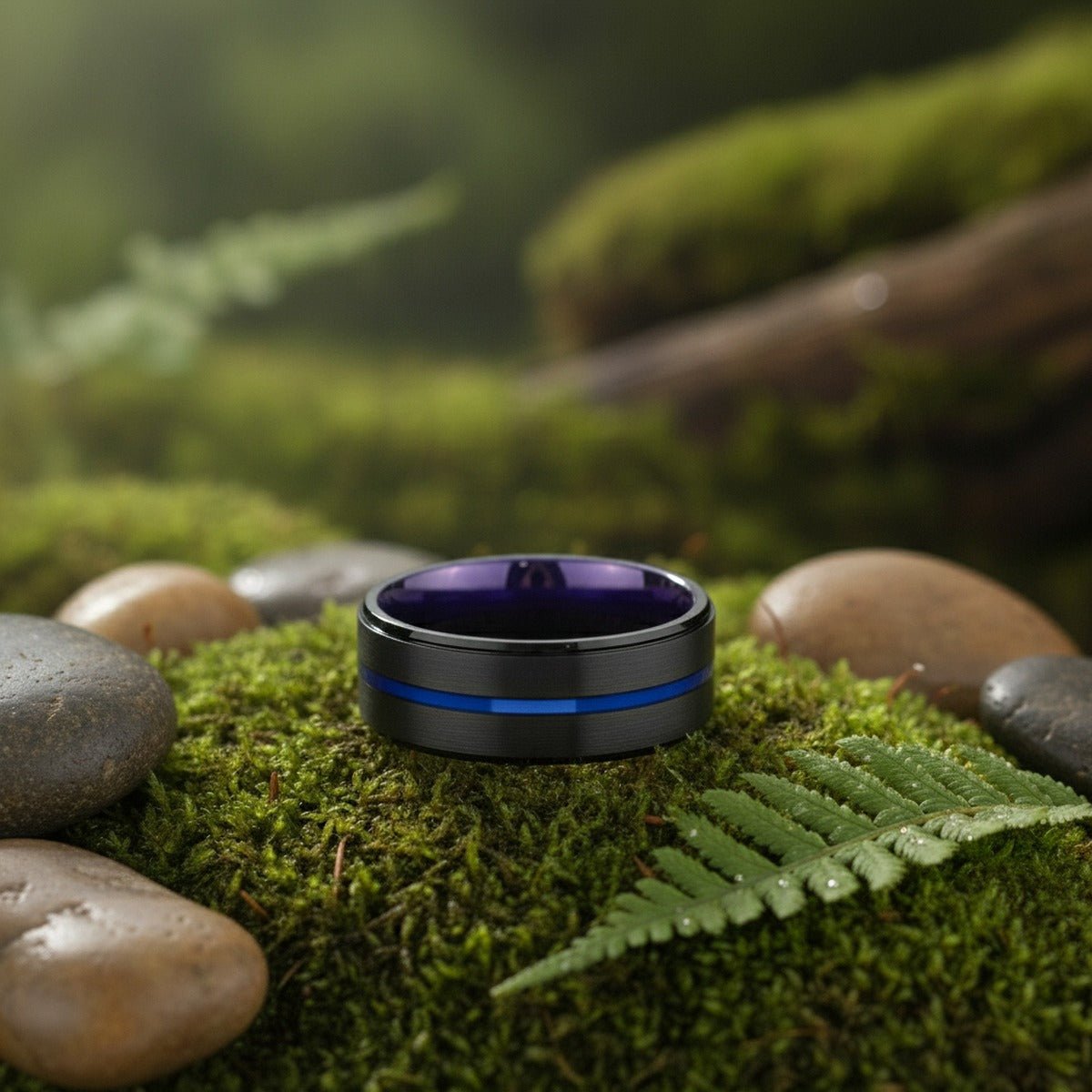 Aydins MISFIT | Purple Ring, Black Tungsten Ring, Blue Groove, Stepped Edge lifestyle scene, moss forest