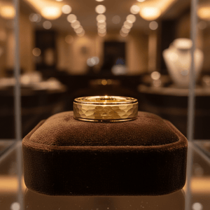 MONARCH — Premium boutique display on velvet — men's tungsten wedding ring.