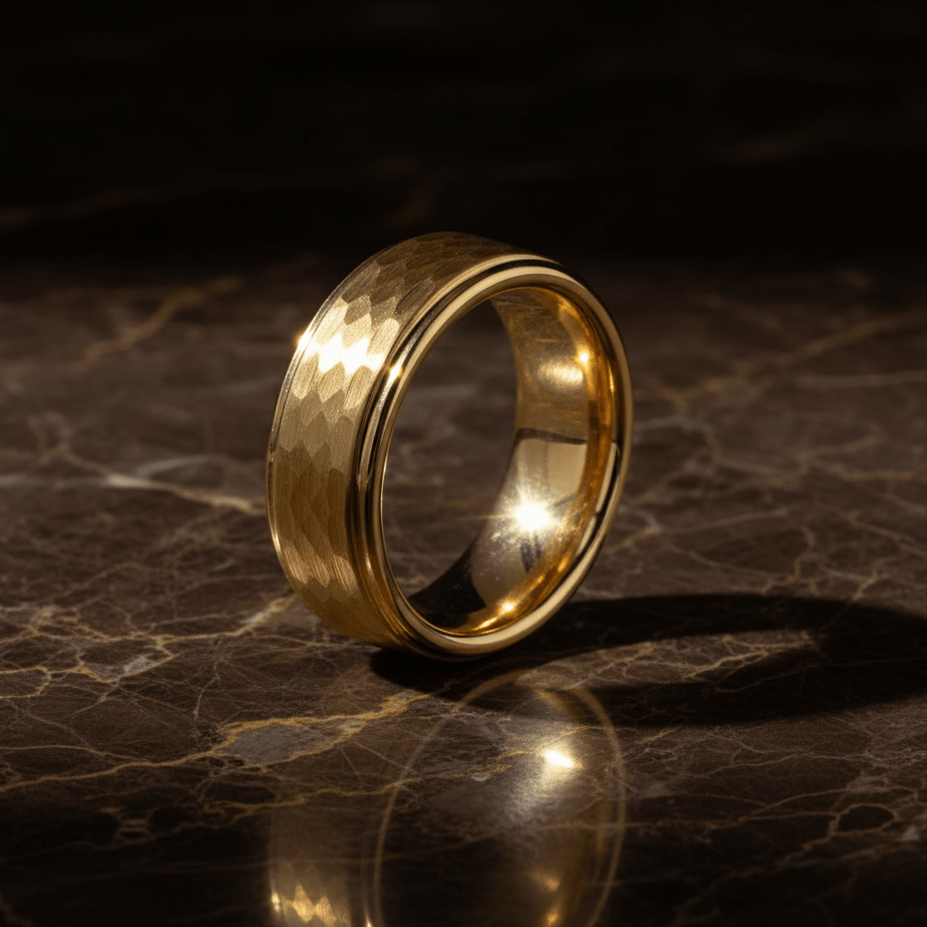 MONARCH — Luxury 3/4 angle on dark marble — men's tungsten wedding ring.