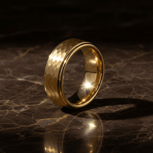 MONARCH — Luxury 3/4 angle on dark marble — men's tungsten wedding ring.