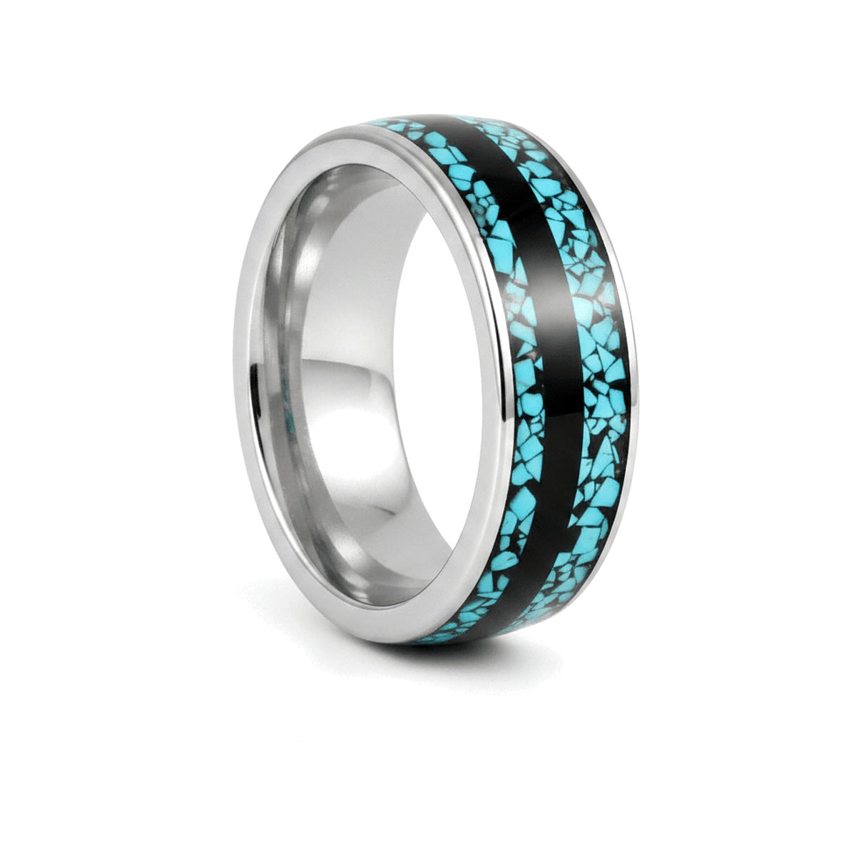 MOSAIC silver tungsten wedding ring with turquoise fragments and black strip inlay - front view