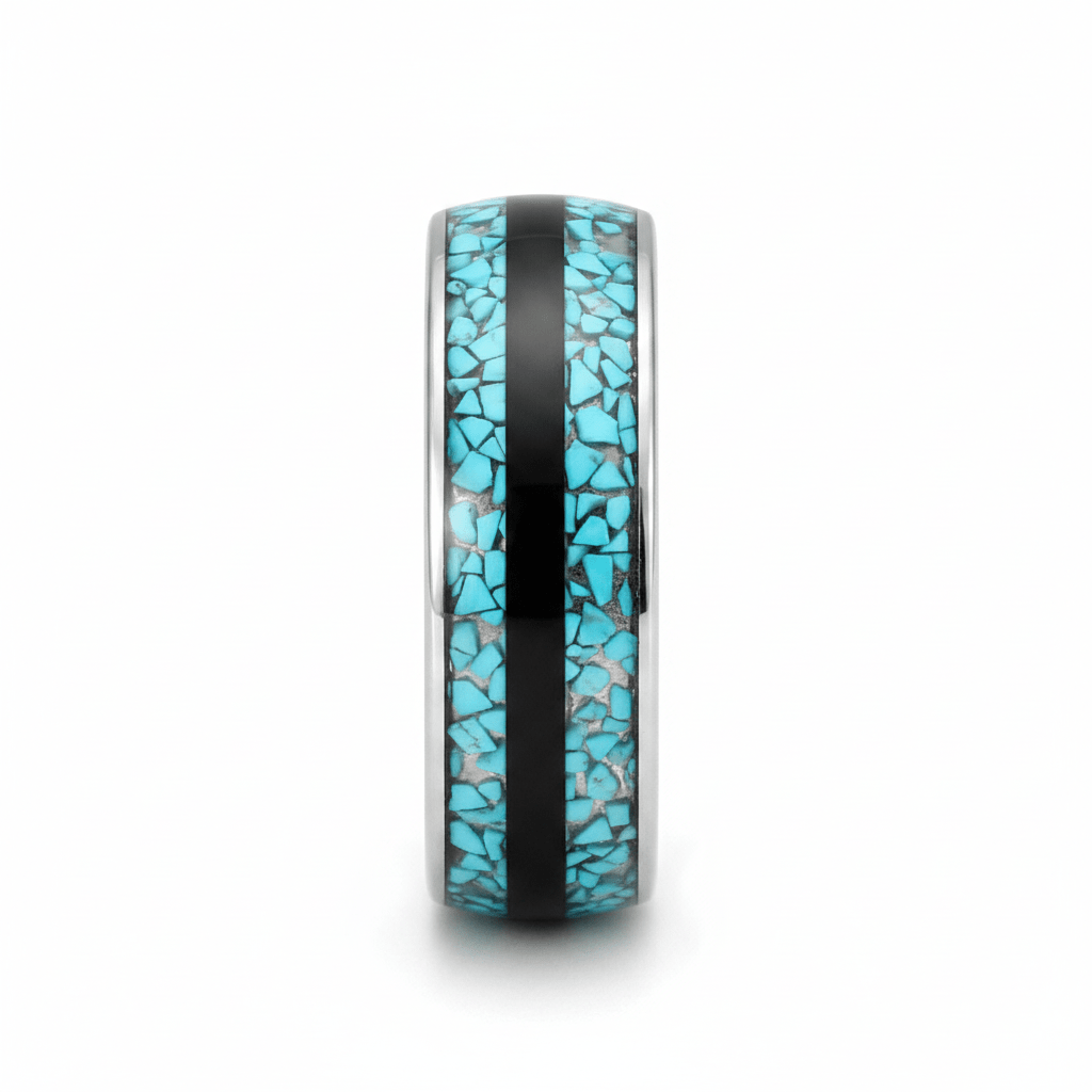 MOSAIC — Front-facing straight-on view — men's tungsten wedding ring.