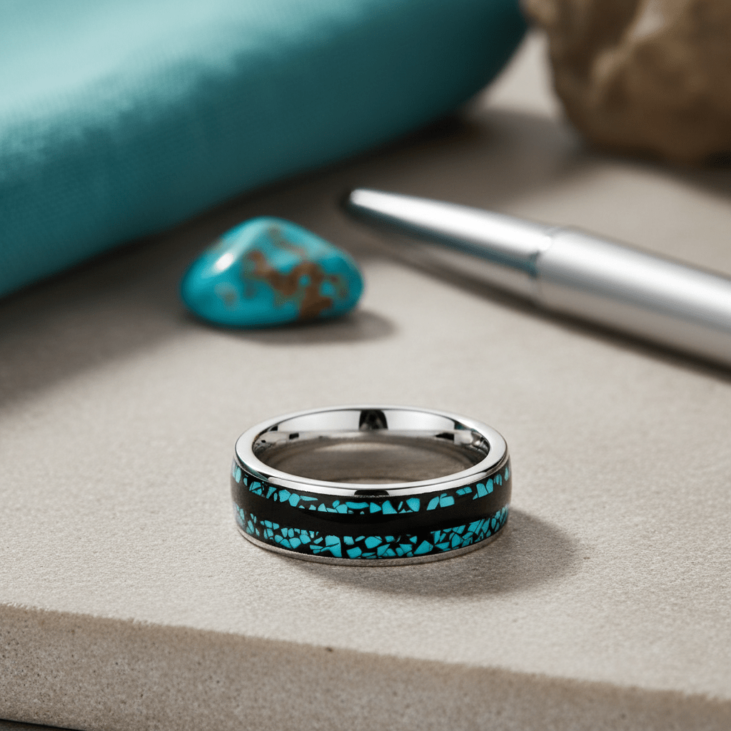 MOSAIC — Editorial masculine still life — men's tungsten wedding ring.