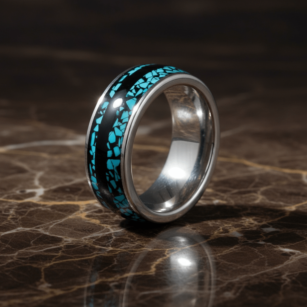 MOSAIC — Luxury 3/4 angle on dark marble — men's tungsten wedding ring.
