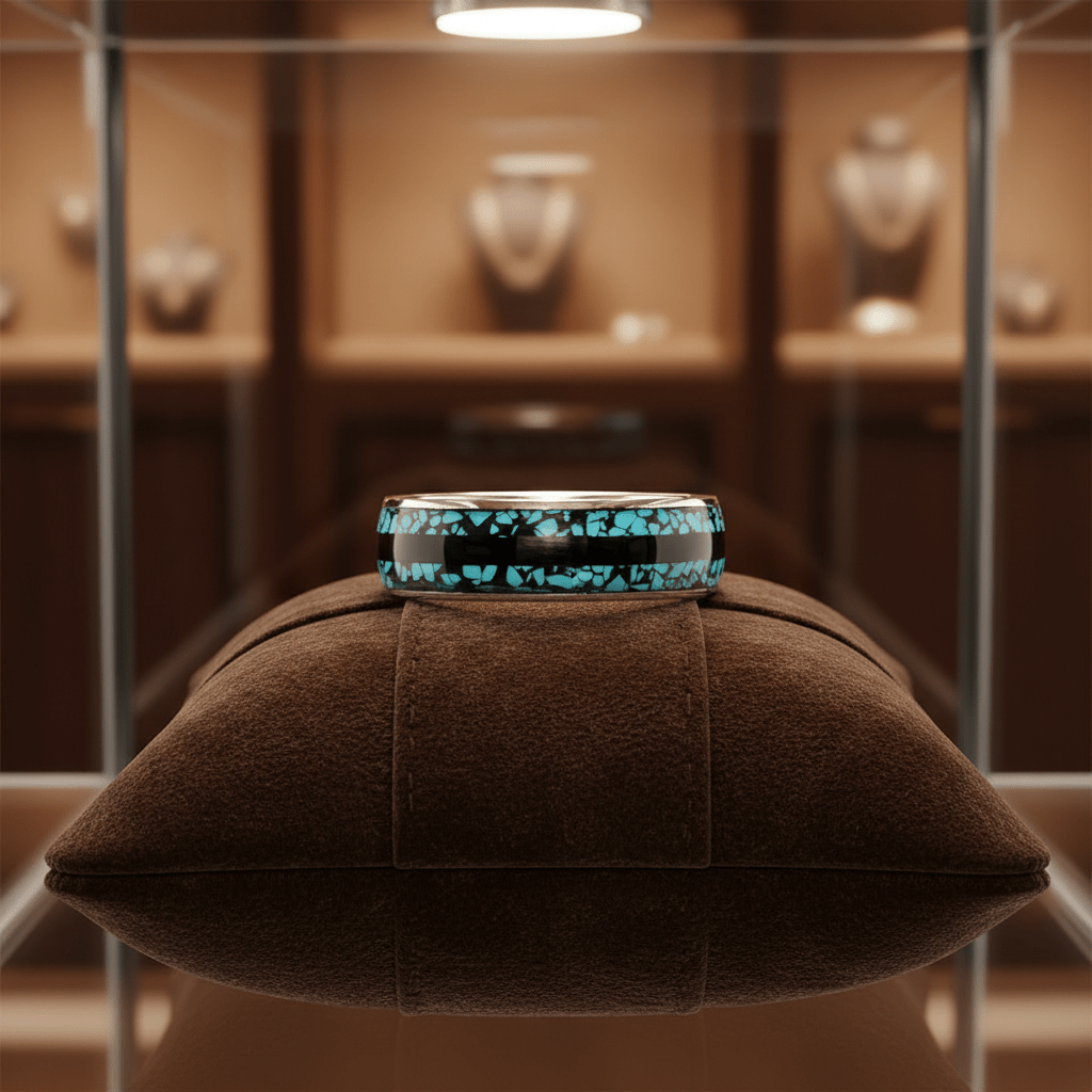 MOSAIC — Premium boutique display on velvet — men's tungsten wedding ring.
