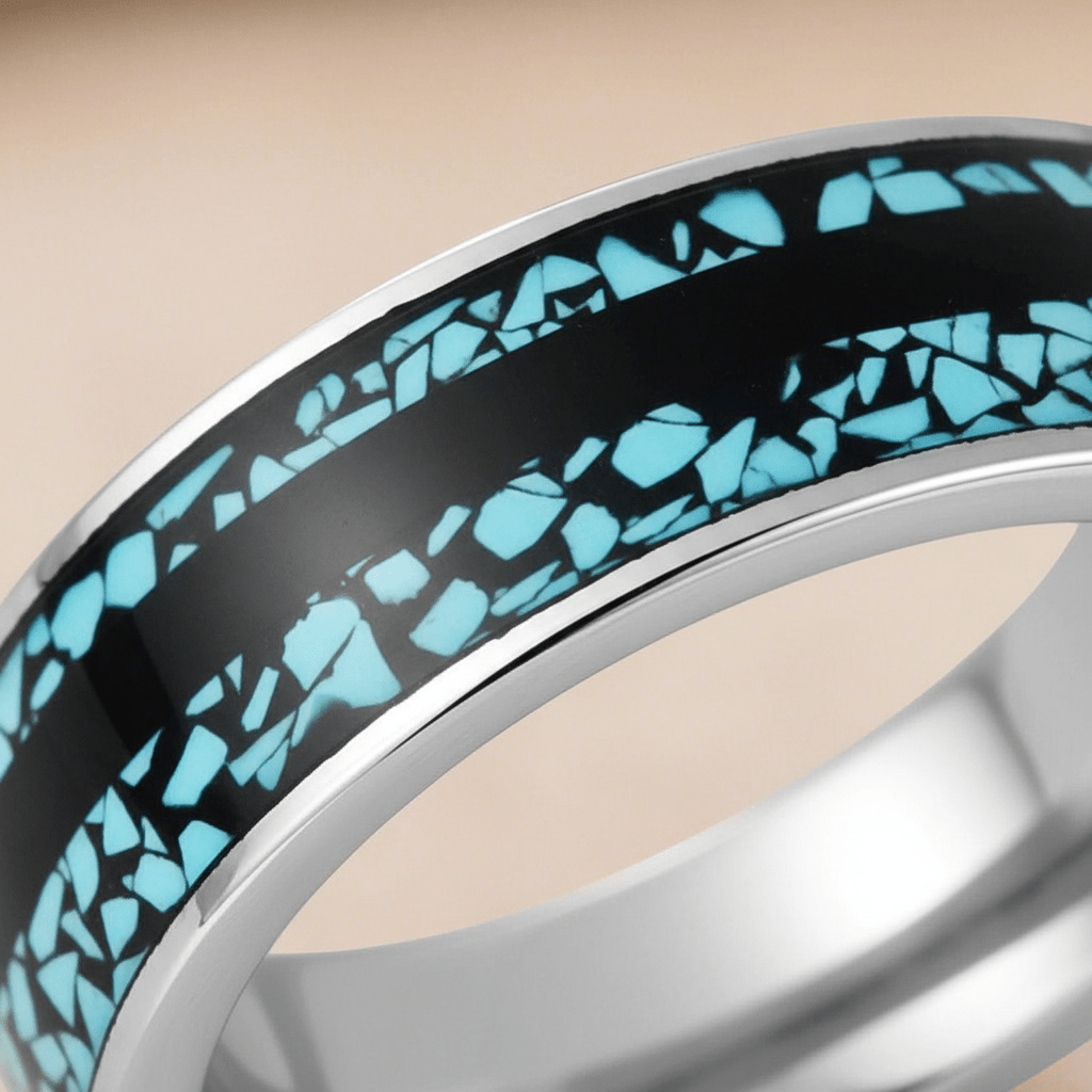 MOSAIC — Extreme macro detail — men's tungsten wedding ring.