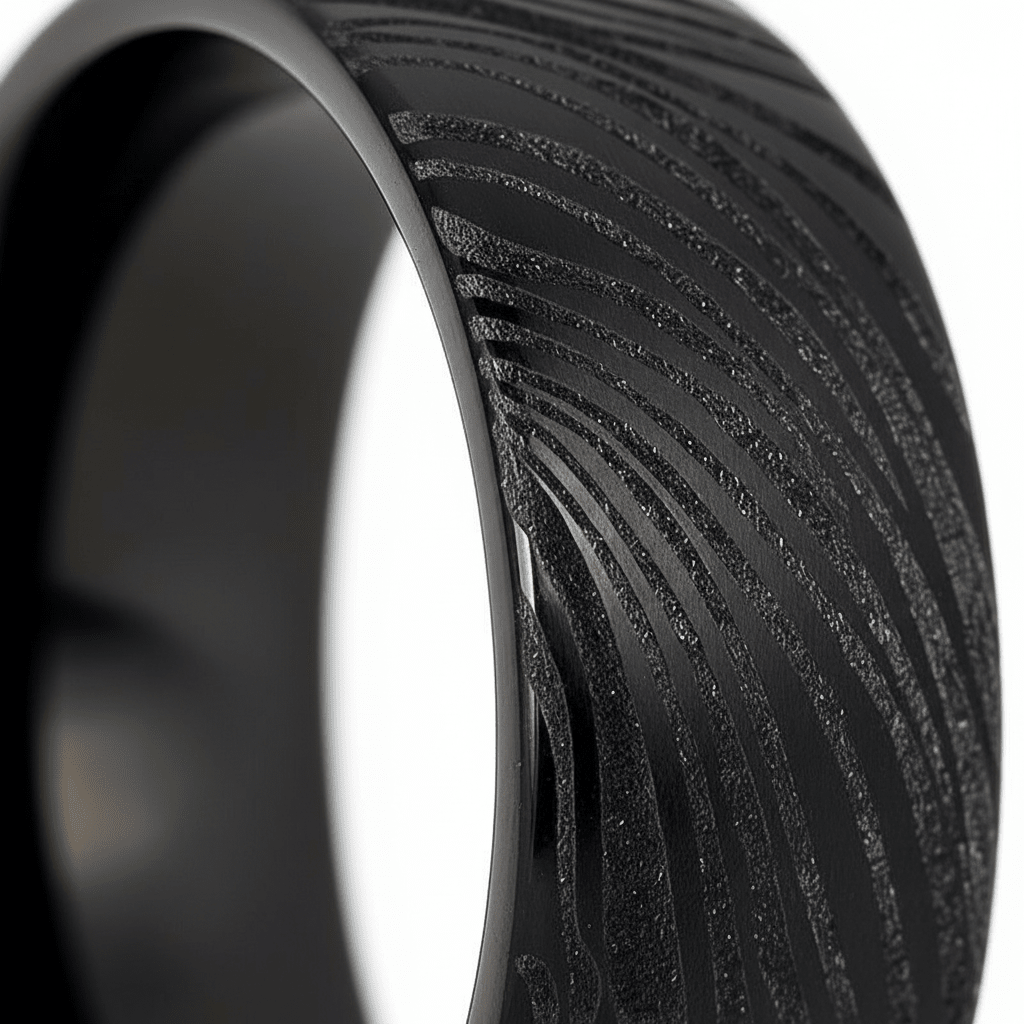 MUKUGLO — close-up detail — men's tungsten carbide wedding ring | Aydins Jewelry