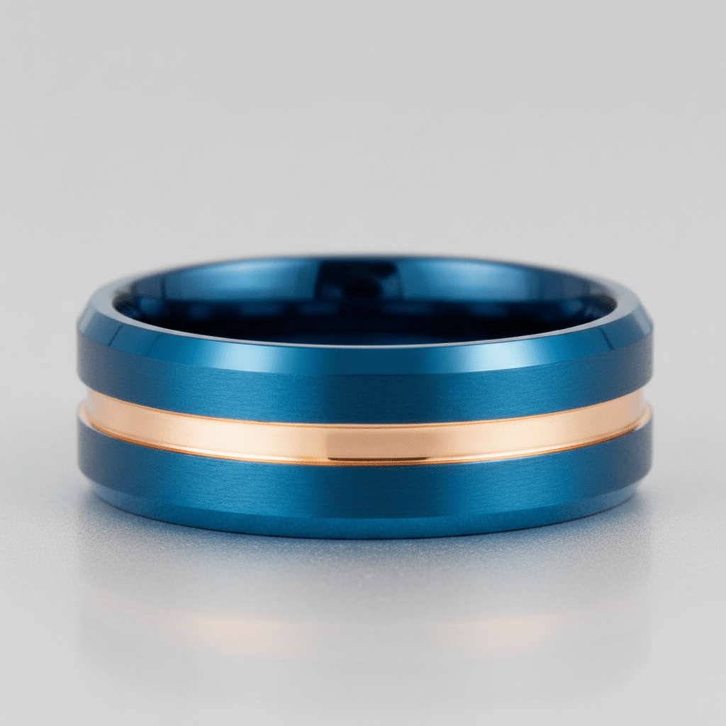 MYSTICRIDGE — Center-through axial view — men's tungsten wedding ring.