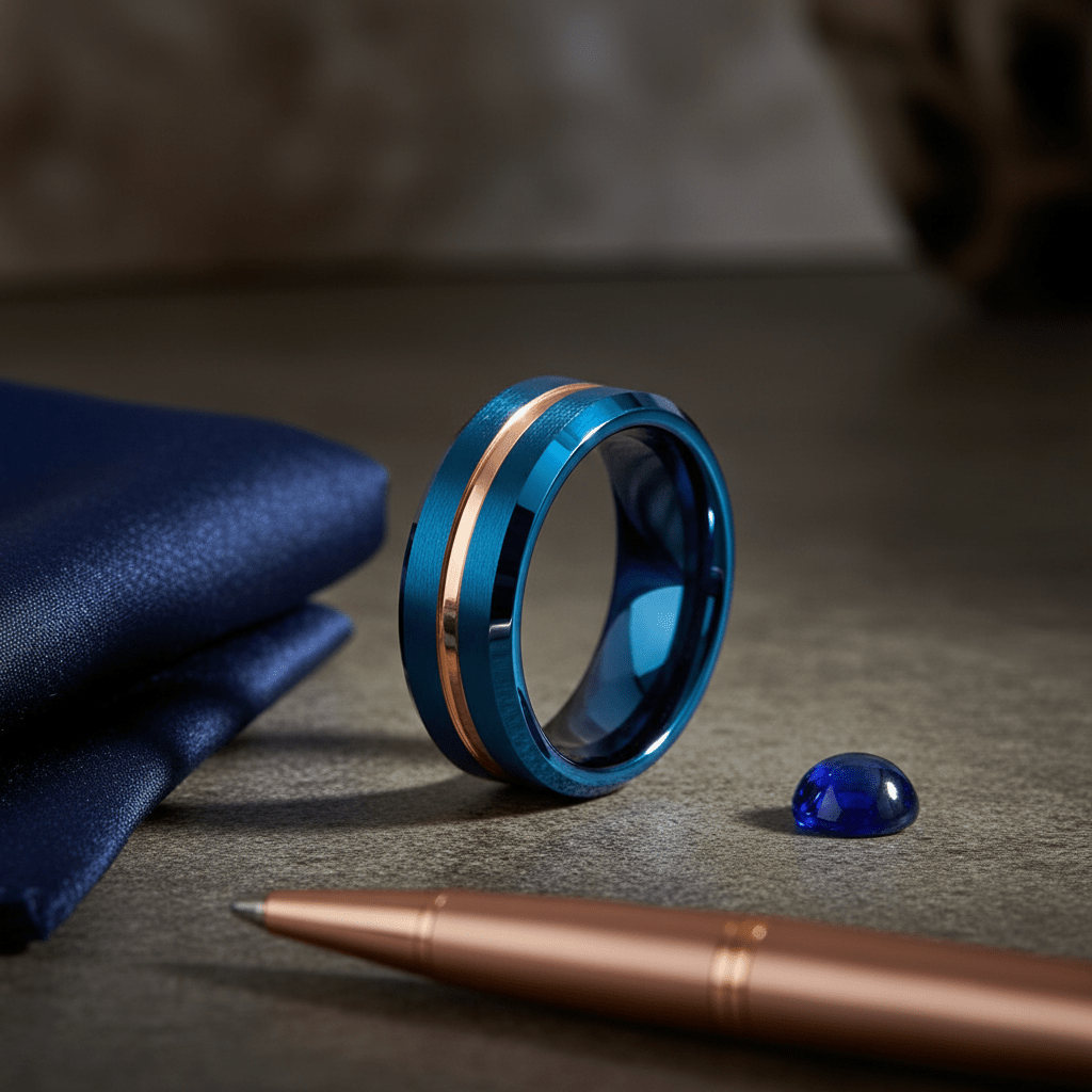 MYSTICRIDGE — Editorial masculine still life — men's tungsten wedding ring.