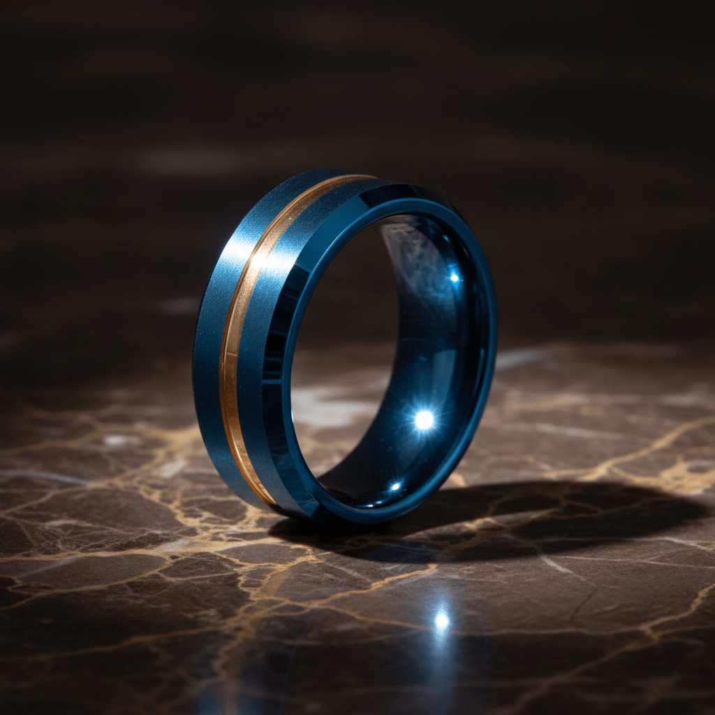 MYSTICRIDGE — Luxury 3/4 angle on dark marble — men's tungsten wedding ring.