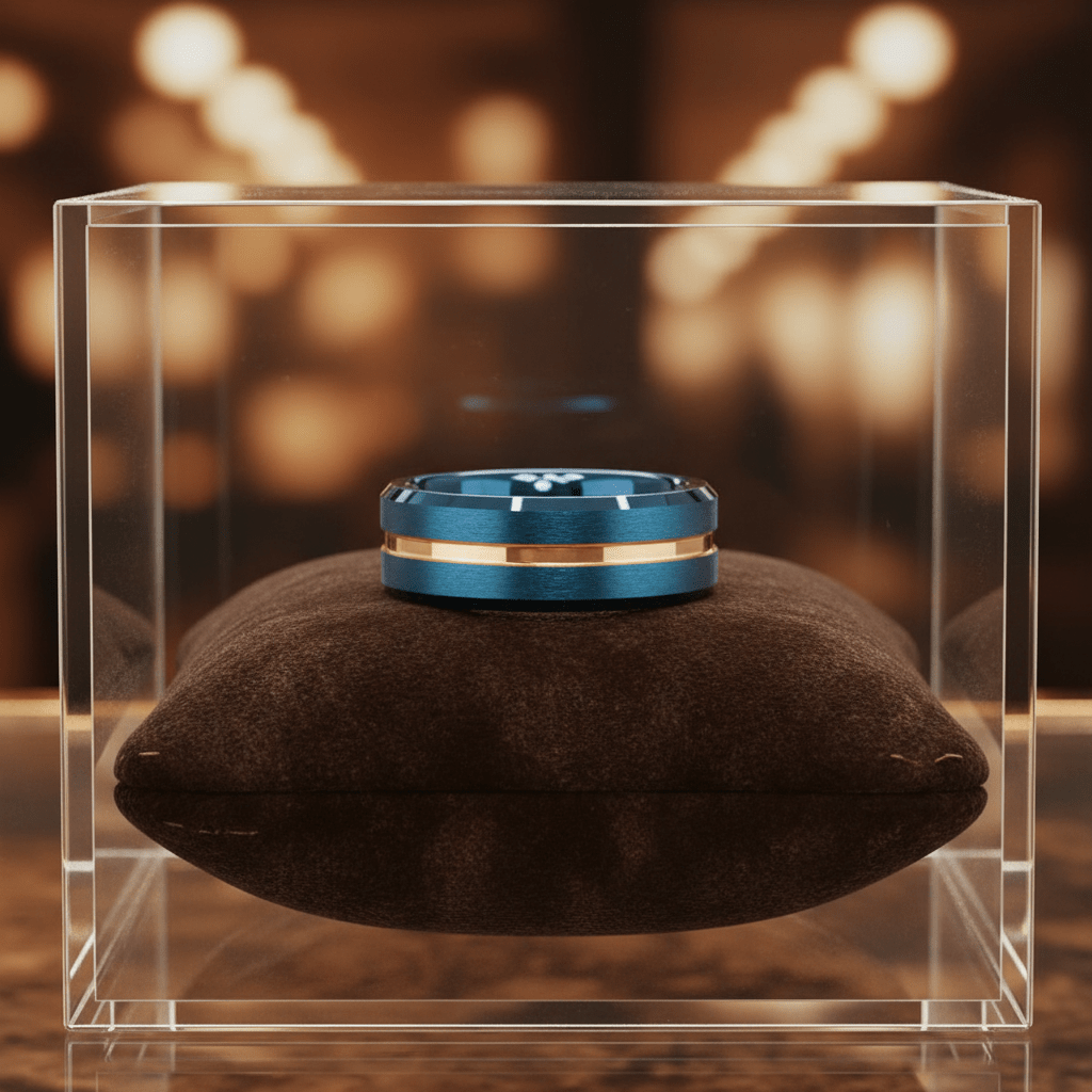 MYSTICRIDGE — Premium boutique display on velvet — men's tungsten wedding ring.