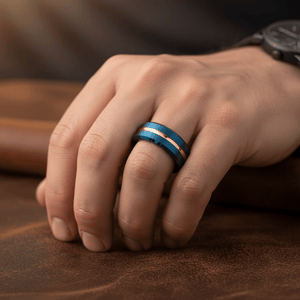 MYSTICRIDGE — Lifestyle photo on hand — men's tungsten wedding ring.