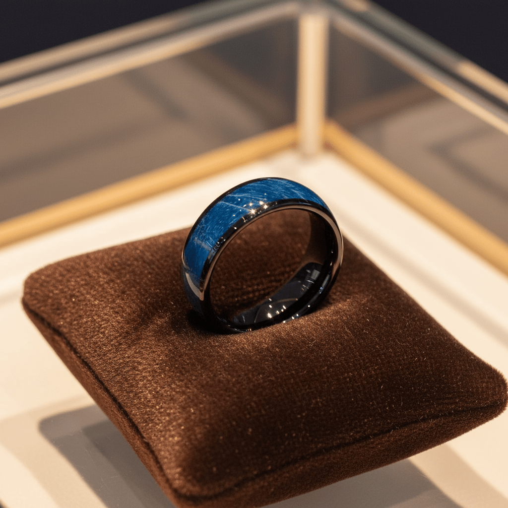 NASOS — Premium boutique display on velvet — men's tungsten wedding ring.
