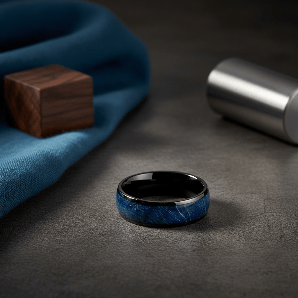 NASOS — Editorial masculine still life — men's tungsten wedding ring.
