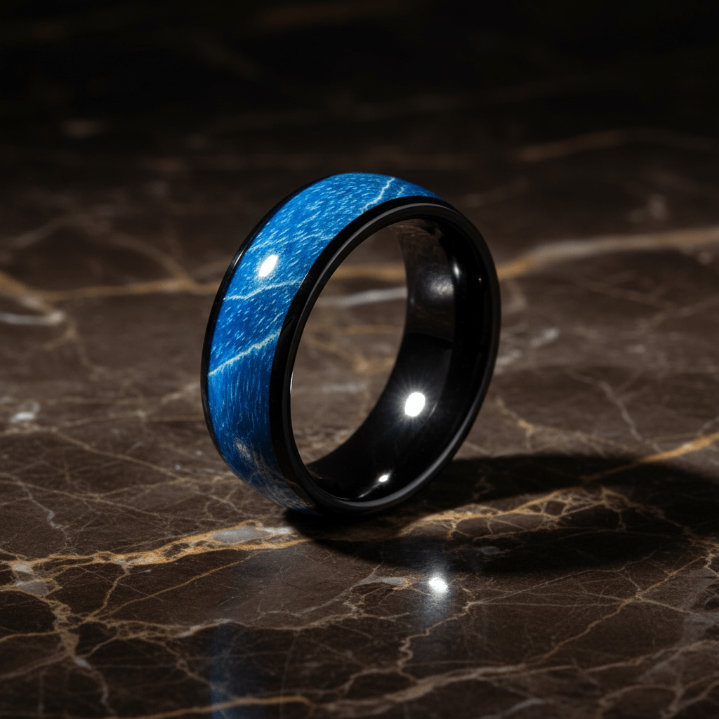 NASOS — Luxury 3/4 angle on dark marble — men's tungsten wedding ring.
