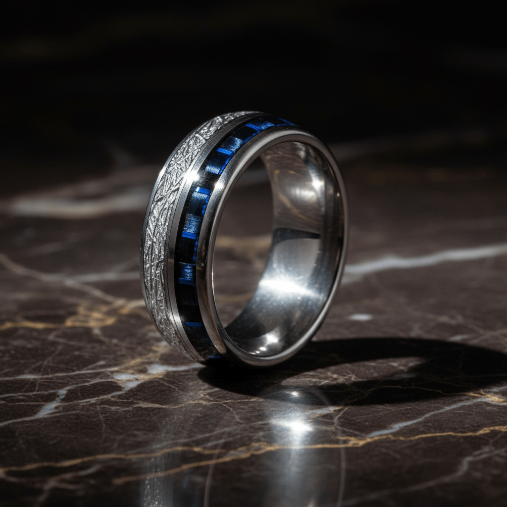 NEBULON — Luxury 3/4 angle on dark marble — men's tungsten wedding ring.