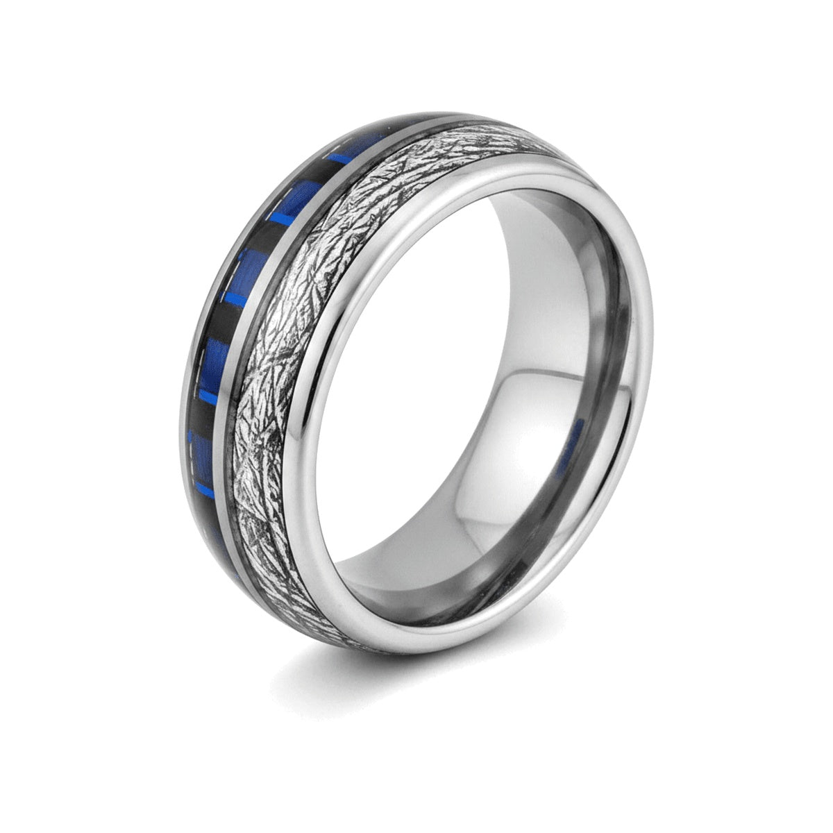 NEBULON silver tungsten wedding ring with meteorite and blue carbon fiber inlay - front view