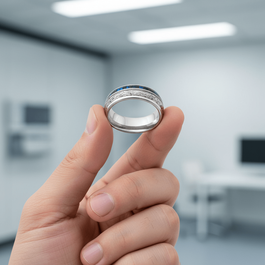 NEBULON — Held between fingers close-up — men's tungsten wedding ring.