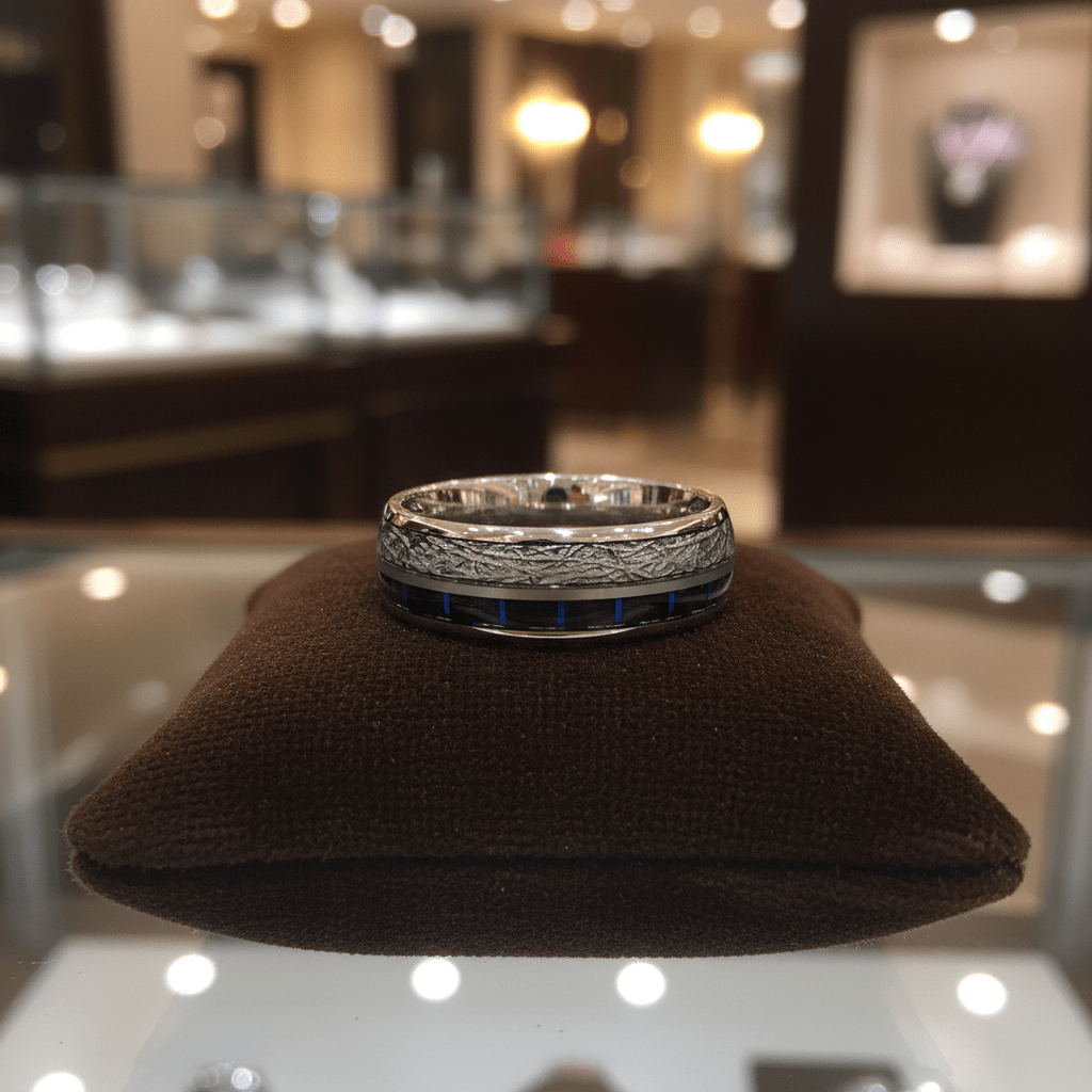NEBULON — Premium boutique display on velvet — men's tungsten wedding ring.