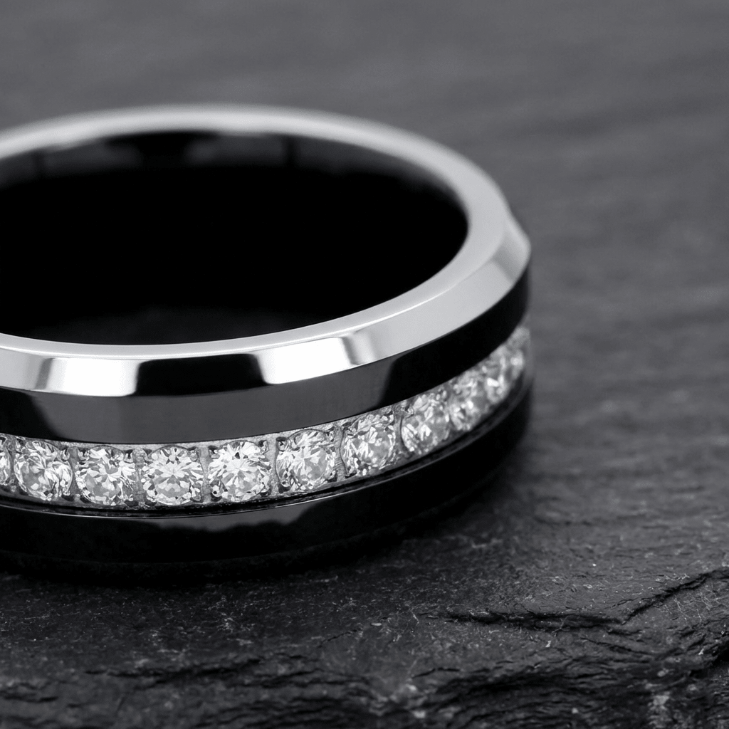 NEMESIS black tungsten wedding band on neutral background, scratch-resistant comfort fit