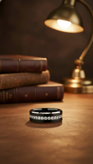 NEMESIS | Black Tungsten CZ Eternity Wedding Ring - 8mm lifestyle photography