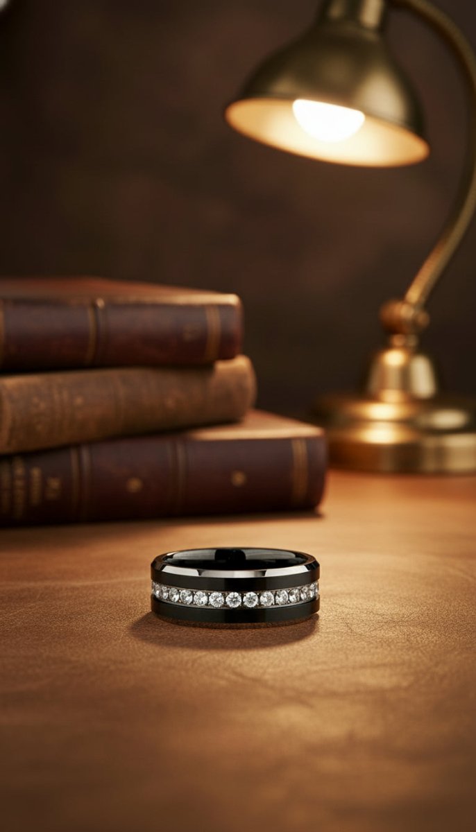 NEMESIS black tungsten CZ wedding ring close-up showing eternity setting