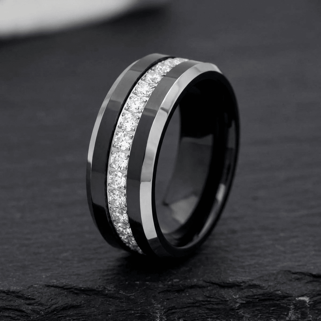 NEMESIS black tungsten men's wedding band, side profile showing cubic zirconia eternity band detail