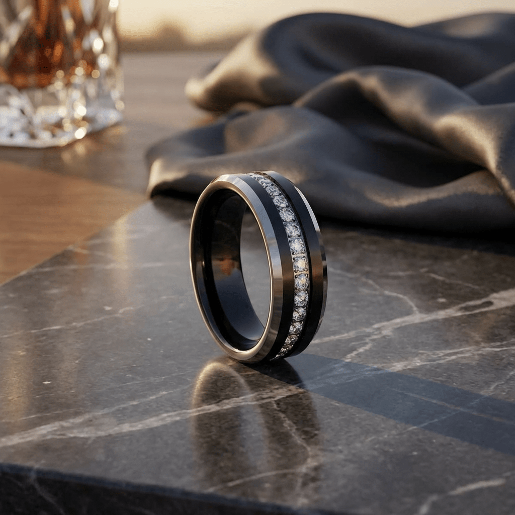 Polished black tungsten wedding ring with channel-set white CZ eternity inlay and beveled edges, 8mm comfort fit
