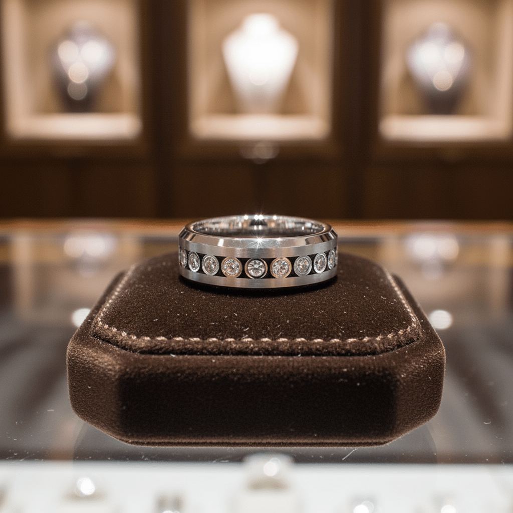 NESO — Premium boutique display on velvet — men's tungsten wedding ring.