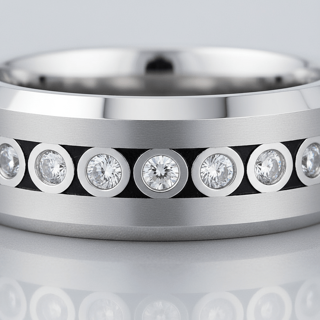 NESO — Extreme macro detail — men's tungsten wedding ring.