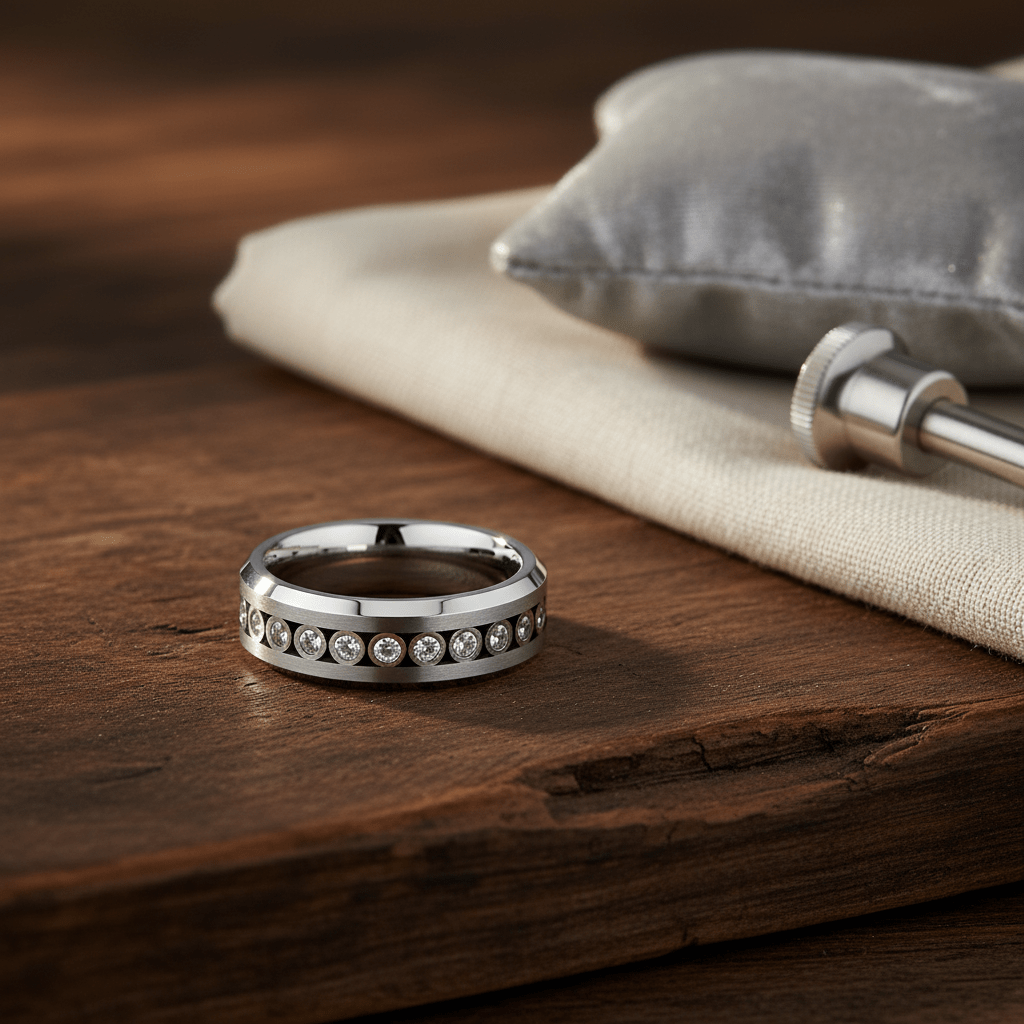 NESO — Editorial masculine still life — men's tungsten wedding ring.