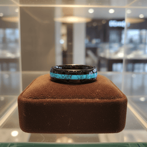 NETARTS — Premium boutique display on velvet — men's tungsten wedding ring.