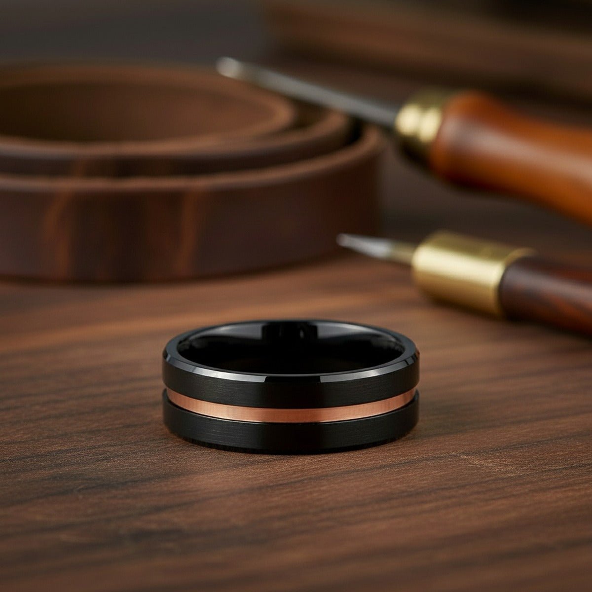 Aydins NEVAN | Black Tungsten Ring Espresso Groove lifestyle scene, dark walnut workshop