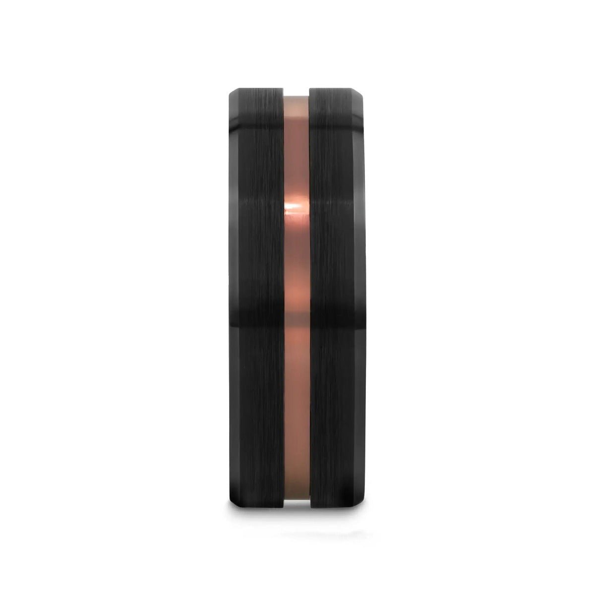 NEVAN black tungsten ring with espresso groove, front edge view