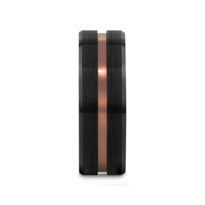 NEVAN black tungsten ring with espresso groove, front edge view