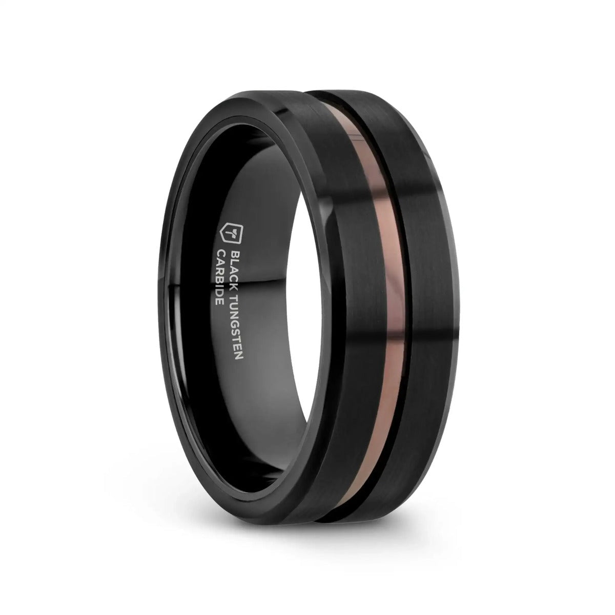 NEVAN black tungsten ring with espresso groove, 3/4 angle view