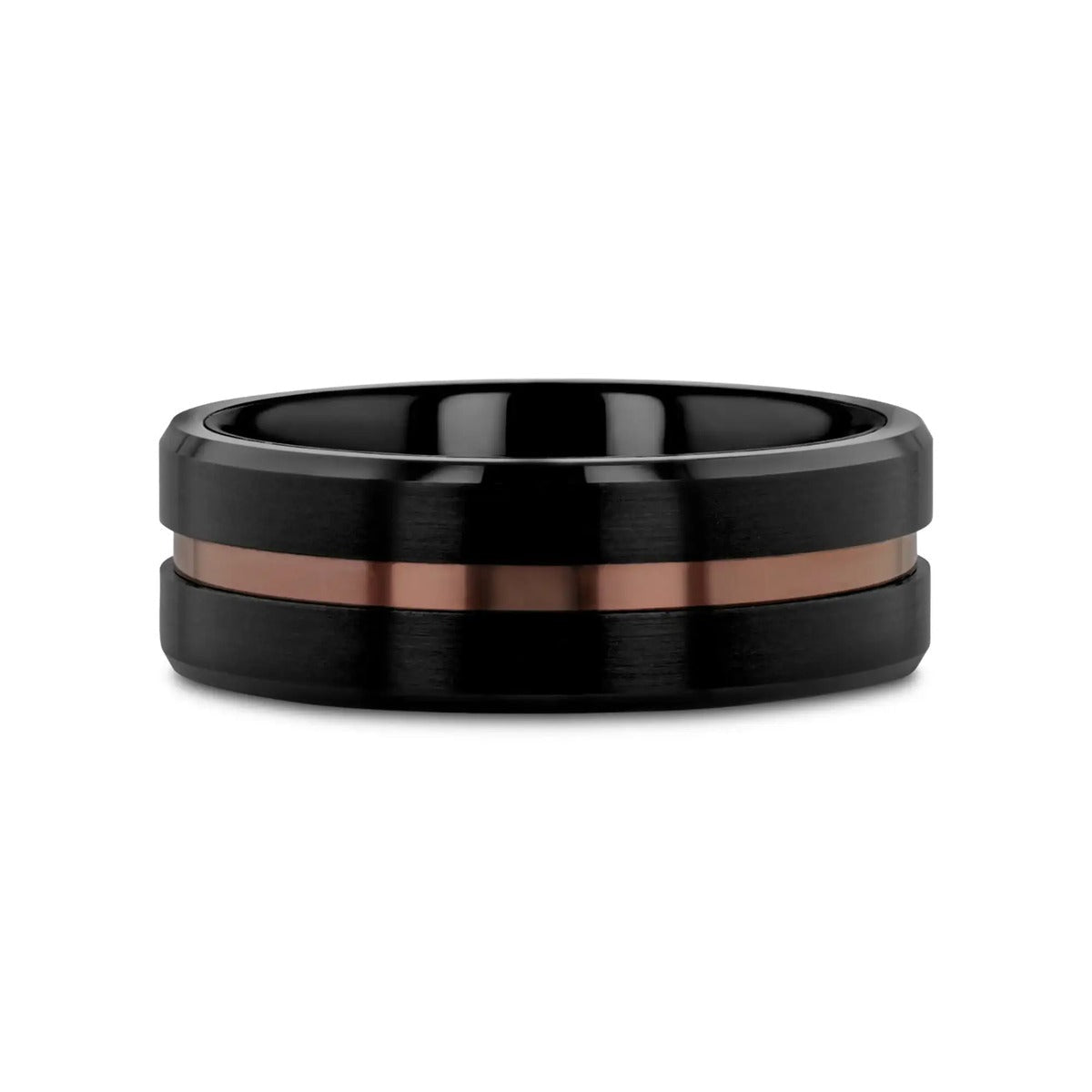 NEVAN black tungsten ring with espresso groove, side profile showing black interior