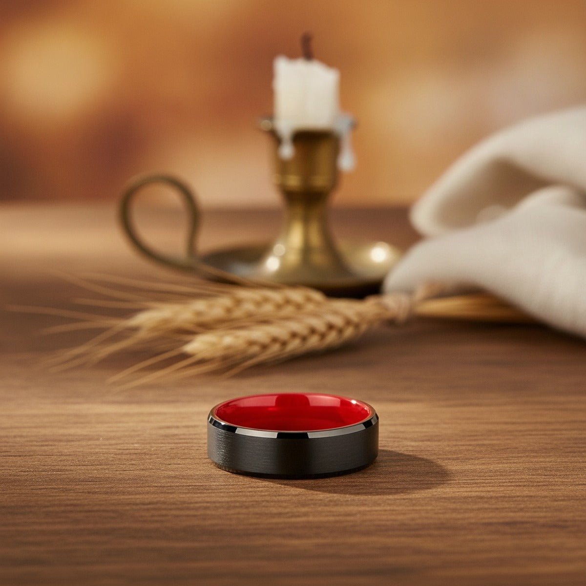 Aydins NEWT | Red Ring, Black Tungsten Ring, Brushed, Beveled lifestyle scene, thanksgiving oak