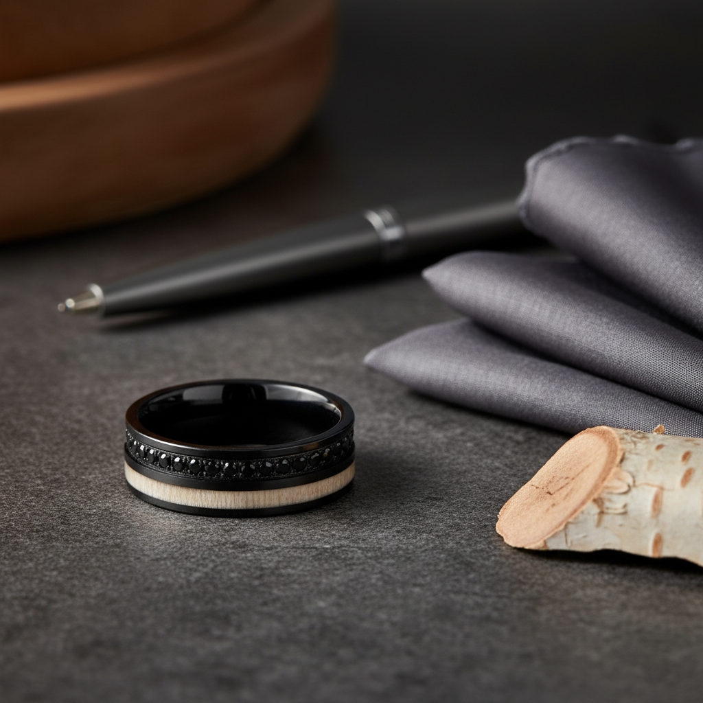 NIGHTMERE — Editorial masculine still life — men's tungsten wedding ring.