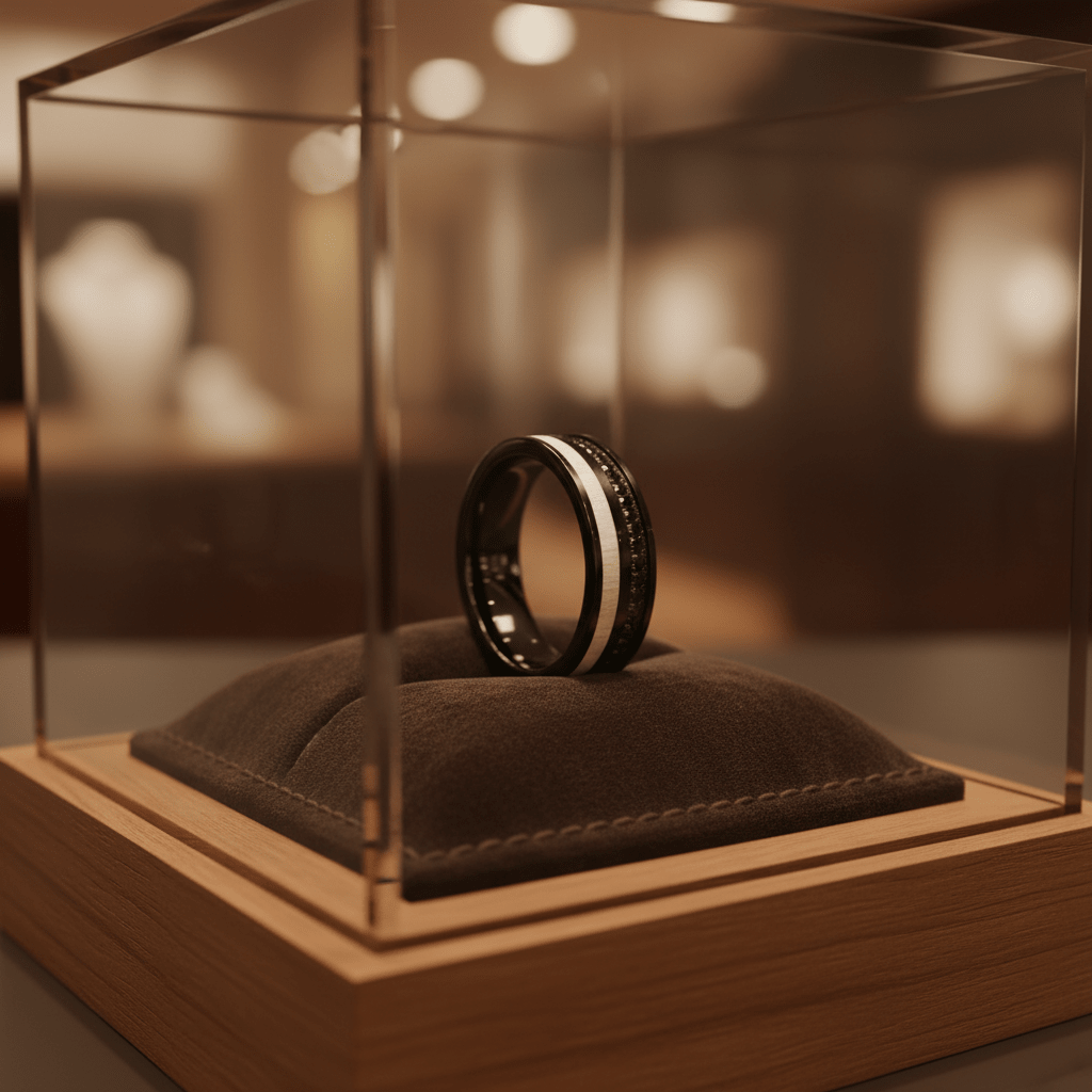 NIGHTMERE — Premium boutique display on velvet — men's tungsten wedding ring.