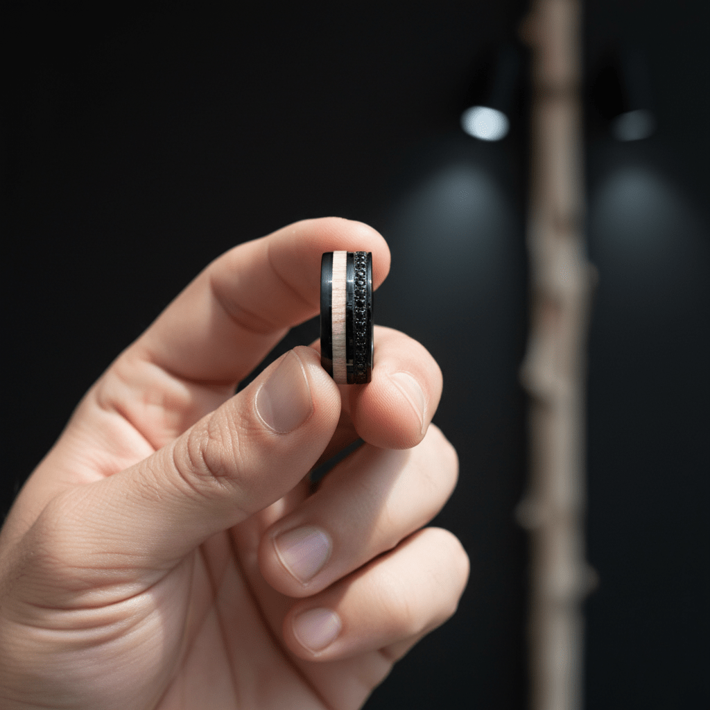 NIGHTMERE — Held between fingers close-up — men's tungsten wedding ring.