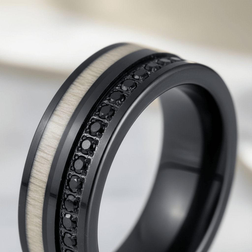 NIGHTMERE — Extreme macro detail — men's tungsten wedding ring.