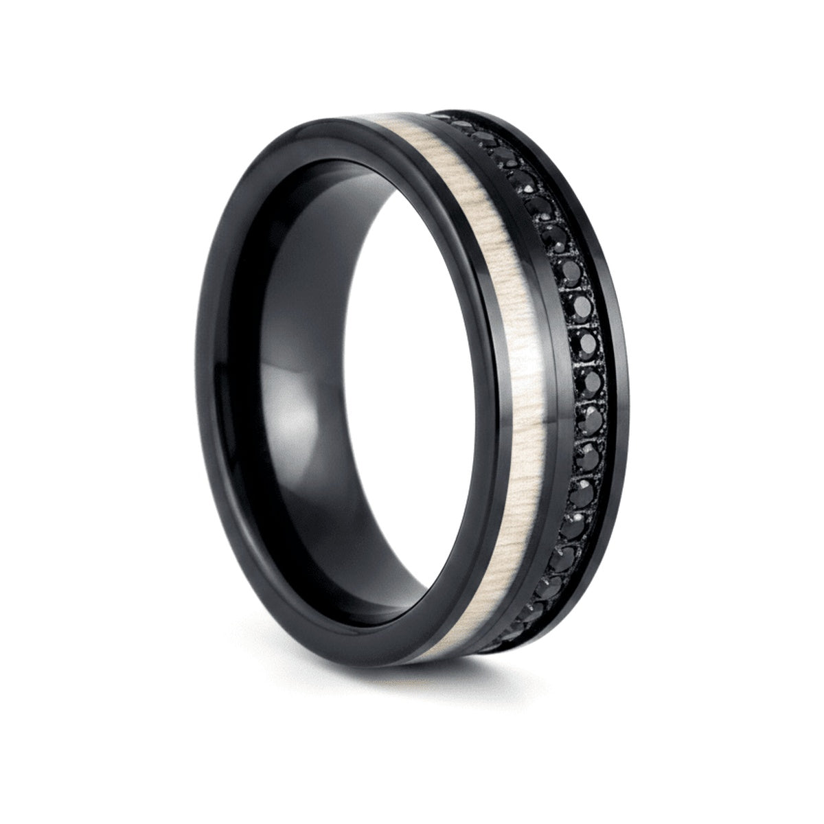 NIGHTMERE black tungsten ring with white wood inlay and black CZ accents - front view